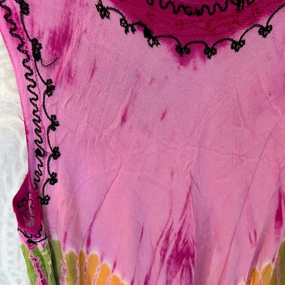 ONE SIZE FITS ALL BOHO DRESSS S M L XL HOT PINK TIE DYE EMBROIDERY BEACH SWIM - Picture 9 of 12